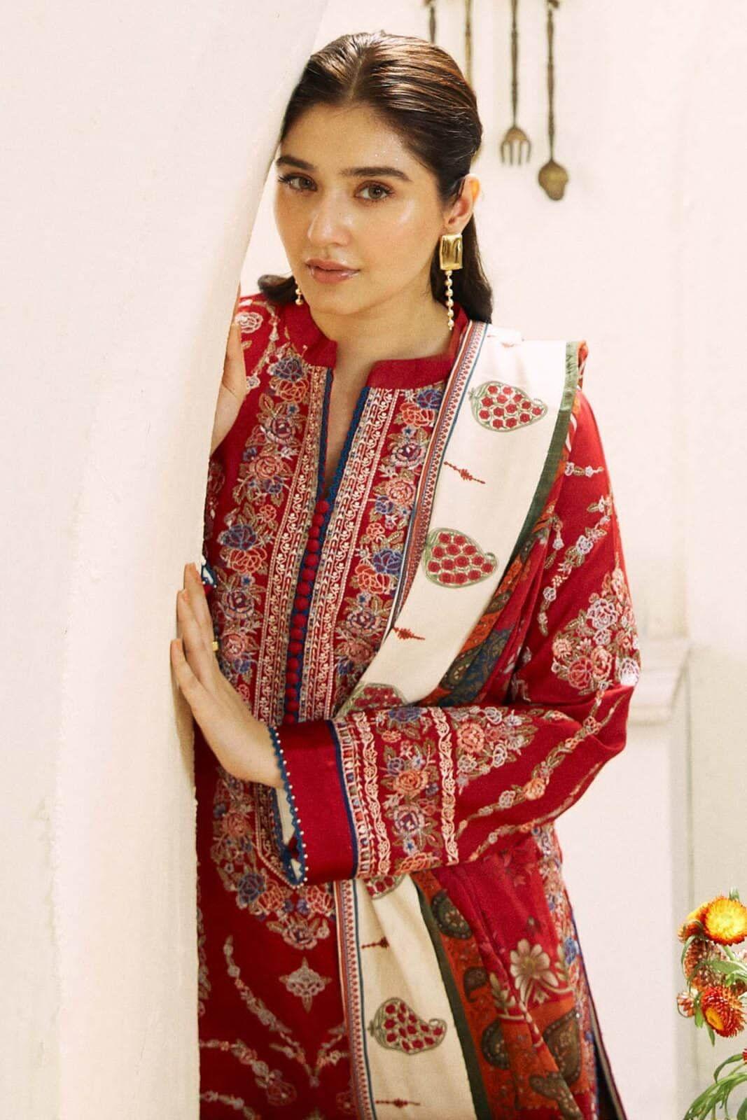 ZARA SHAHJAHAN RED - 3PCS EMBROIDERED UNSTITCHED SUIT - Image 7