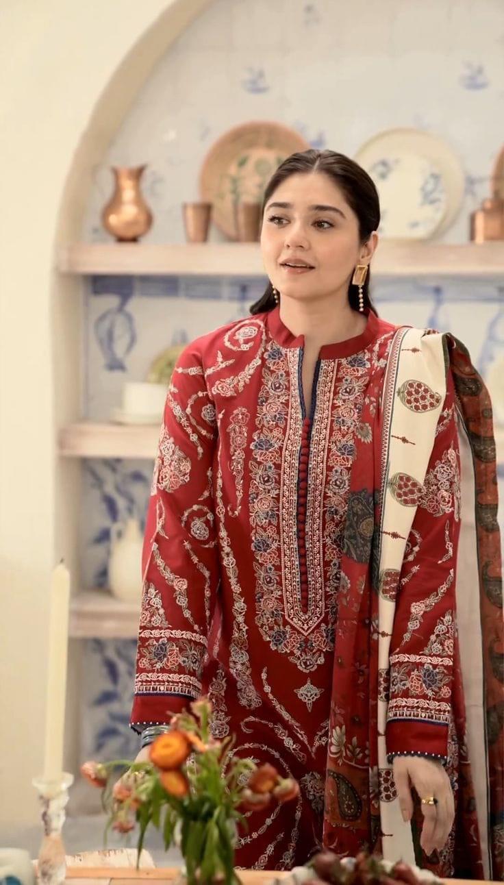 ZARA SHAHJAHAN RED - 3PCS EMBROIDERED UNSTITCHED SUIT - Image 3