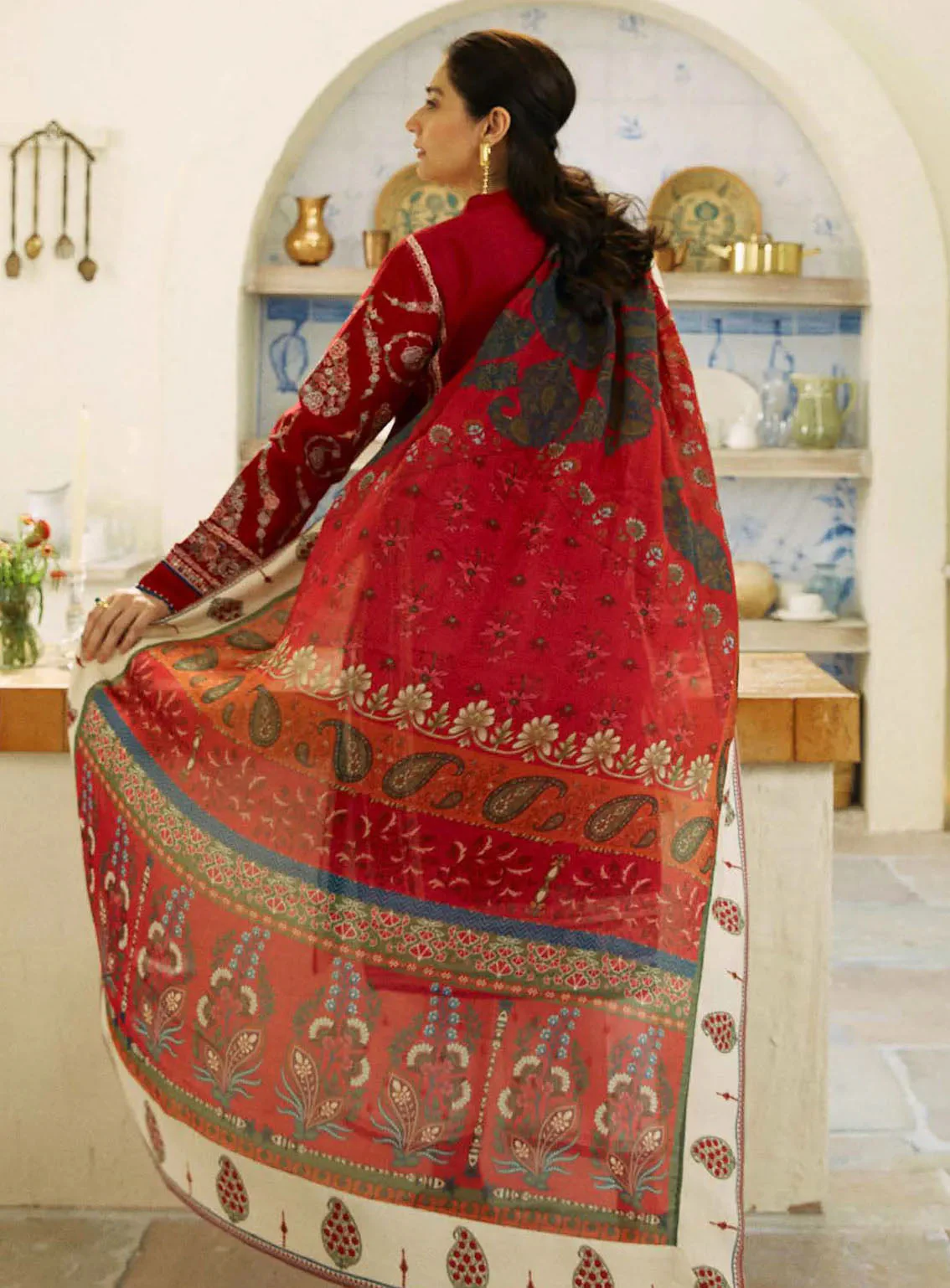 ZARA SHAHJAHAN RED - 3PCS EMBROIDERED UNSTITCHED SUIT - Image 6