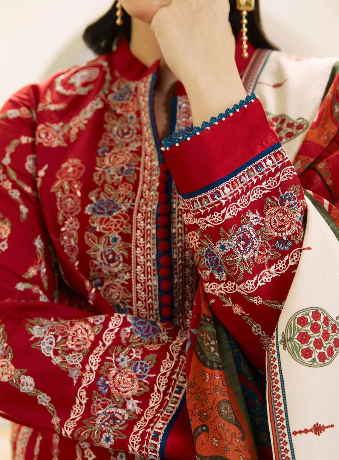 ZARA SHAHJAHAN RED - 3PCS EMBROIDERED UNSTITCHED SUIT - Image 5